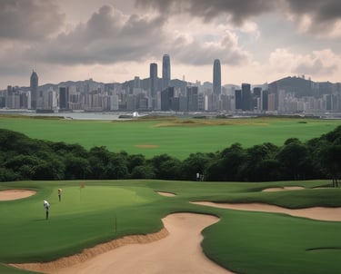 A lush green golf course is set against a backdrop of rugged cliffs under a clear blue sky. Several palm trees and shrubs dot the landscape, adding to the tropical atmosphere. The ocean can be seen in the distance, enhancing the scenic beauty.