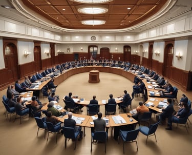 a large circular table with people sitting around it