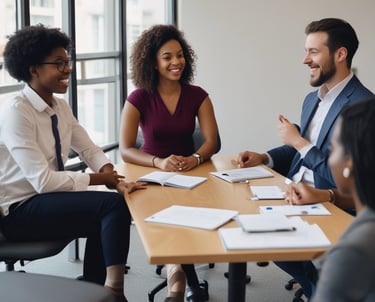 Four people discussing work at a table.