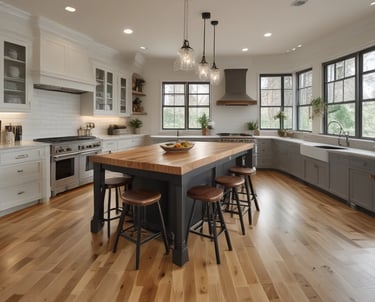 A person wearing gloves is installing wooden flooring. The focus is on the zigzag pattern of the wood pieces being laid down onto a layer of adhesive.
