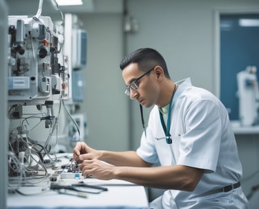 A stainless steel tray is arranged with various surgical instruments and medical supplies. There are pairs of scissors, forceps, and a pair of tweezers. In the background, there are bottles of antiseptic solution and medical tape.