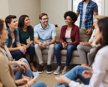 A friendly counselor guiding a diverse group of adults in a bright community center.