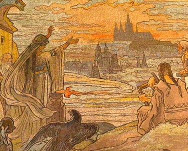 Mosaik mit Frauengestalt Libuse wahrsagt die Entstehung von Prag, Prager Burg als Panoramasicht