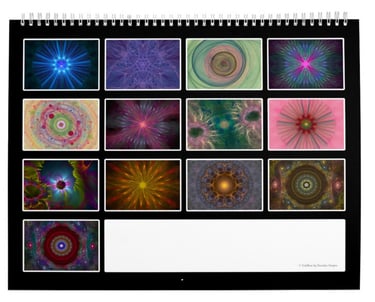 2-teiliger Kalender mit 12 bunten Bildern von runden Fractal Mandalas
