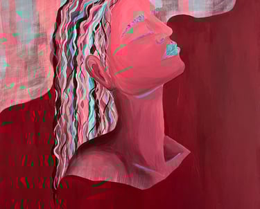 a painting of relieved woman on a red background