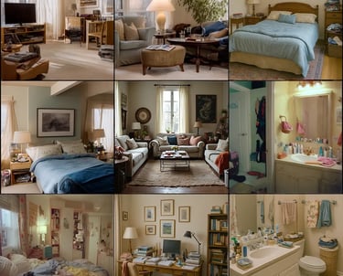 a collage of 9 slightly chaotic, cluttered spaces
