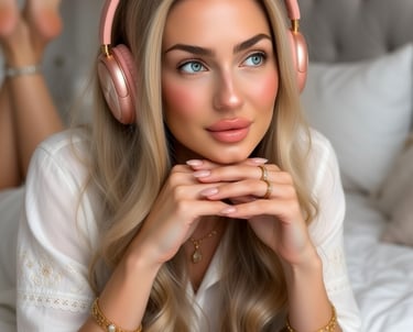 a woman in headphones laying on a bed enjoying music