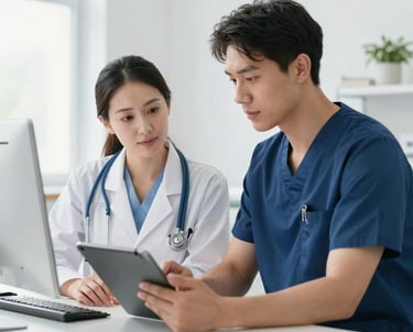 Two healthcare professionals in scrubs and white lab coats reviewing patient data on a digital tablet.