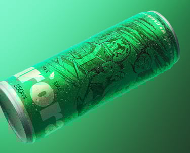 Cerveja aurora verde em 3D, 350ml, renderização gelada sobre fundo verde.