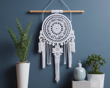 Tapiz de pared de macramé blanco hecho a mano, con diseño circular de mandala sobre una pared azul.