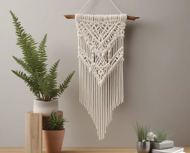 Tapiz de pared de macramé sobre una rama de madera, colocado en la pared de color neutro.