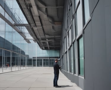 Inspector examining a historic commercial building exterior in Minnesota on a clear day.