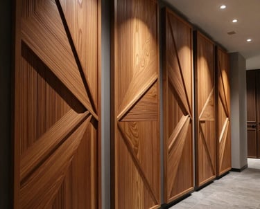 A North American high-end residential hallway featuring a series of geometric wood relief panels under directional lighting.