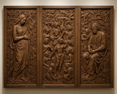 A wide shot of a wood relief sculpture consisting of three panels in bronze brown, mounted on a bone white wall with spotlighting.