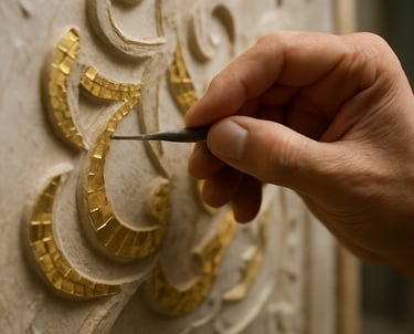Action shot of a calligrapher's hand meticulously applying golden mosaic tiles to a sacred typography relief. Shallow depth of field.