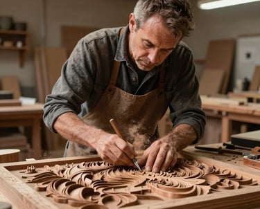 Portrait of a master woodworker in a high-end workshop in North America, hand-refining a complex topographical relief art piece. Warm lighting, dust in the air, bronze brown tones.