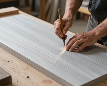 A master woodworker using precision tools on a silver gray veneer panel in a modern industrial North American studio.