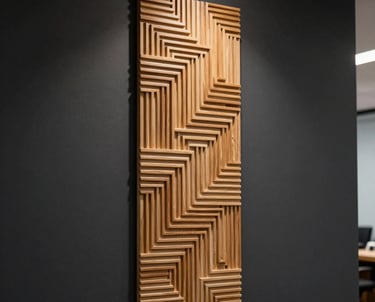 A tall vertical wood relief piece featuring rhythmic geometric patterns, casting dramatic shadows against a charcoal black wall in a North American corporate office.
