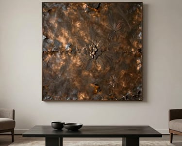 A minimalist North American living room with a neutral palette and a large bronze brown micro-cement relief piece above a low table.