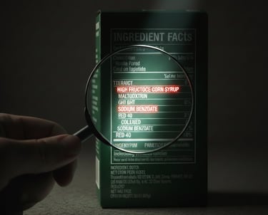 Magnifying glass highlighting High Fructose Corn Syrup, Sodium Benzoate, and Red 40 