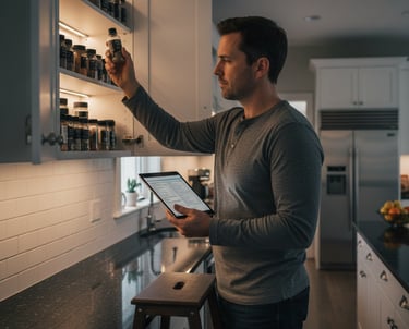 Man in kitchen using tablet, meal planning, reaching for herbs and spices to prepare whole foods