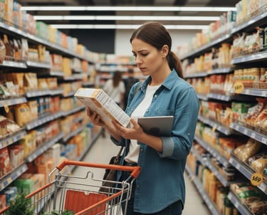 Woman reading nutrition label on packaged food box in grocery store avoiding ultra-processed food.