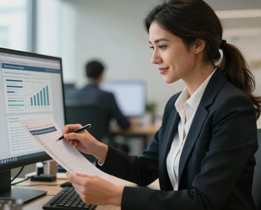 A corporate HR manager in a modern Brazilian workspace reviewing performance reports on a screen, looking confident and satisfied, soft focus background.