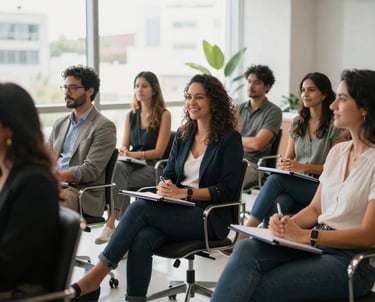 A group of South American professionals sitting in a bright, modern Brazilian office, engaging in an interactive workshop, smiling and relaxed, natural morning light.