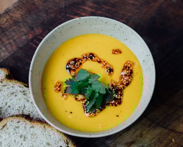 Squash, Carrot & Ginger Soup with Black Bean Rãyu