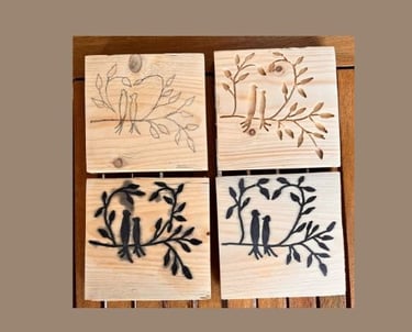 étapes de création de mes tableaux et décorations du dessin, à la gravure et à la résine