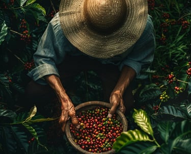 Agricultor colombiano recolectando granos de café en un cultivo sostenible, representando el trabajo