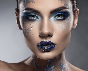a beautiful woman with blue extreme makeup and glitter on her face