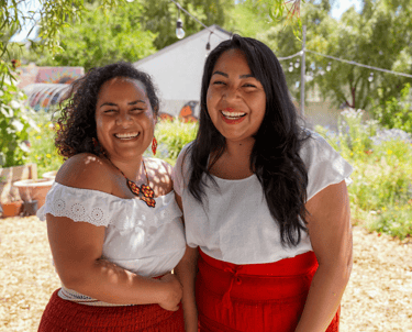 Iveth Balanta and Victoria Flores in red skirts and white blouses