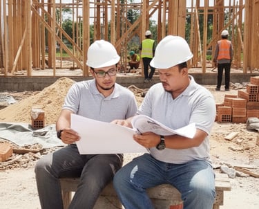 Arsitek dan engineer sedang berdiskusi soal gambar kerja