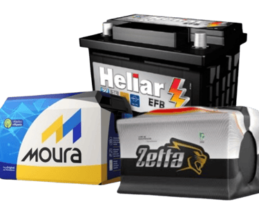 3 baterias de carro de marcas diferentes: Moura (azul e amarela), Zetta (preta e branca) e Heliar