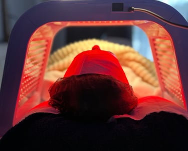 une femme sous une lumière rouge en train de réaliser un soin de luminothérapie