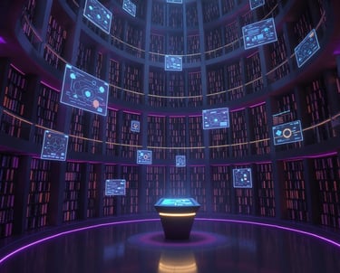 A futuristic library: towering shelves curve into an atrium; between shelves.