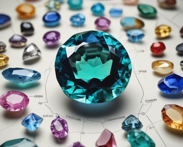 A luxurious gemstone necklace is displayed on a dark, elegant pedestal. The central gemstone is a deep, captivating blue, surrounded by smaller sparkling diamonds that enhance its brilliance. The spotlight enhances the sparkling effect, drawing attention to the intricate details and design.