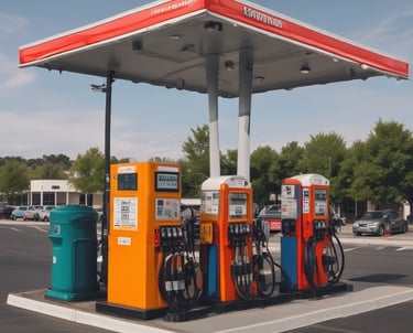 A red cargo truck with a sign for a gas company is parked on a rural road with a clear blue sky in the background. The truck is followed by several other vehicles in a queue. The landscape around the road is dry with patches of grass and distant hills.