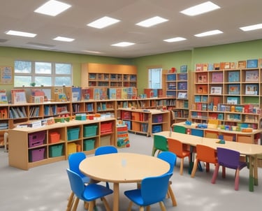 A colorful classroom filled with educational toys and furniture.