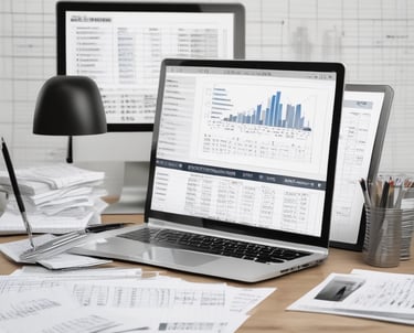 A modern office workspace with financial technology tools and data analytics on screens.