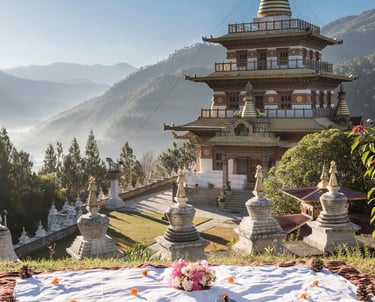 Amankora-Punakha-Bhutan-Lodge-Outdoor-Breakfast-with-Khamsum-Yulley-Namgyal-Chorten-at-the-backdrop