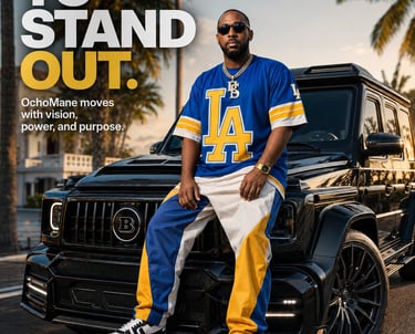 OchoMane wearing a blue and yellow LA jersey while sitting on a black Brabus G-Wagon luxury SUV.