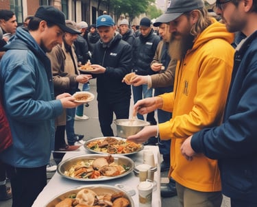 A group of people, including several wearing religious habits, walk down a street lined with buildings and trees. The scene suggests a communal or procession-like activity in an urban setting.