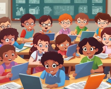 A teacher is engaging with a group of students sitting at a desk. The students are dressed in matching attire and wearing traditional headwear. They appear focused on their studies as they interact with the teacher. Books are open in front of them, and shelves filled with books are visible in the background.