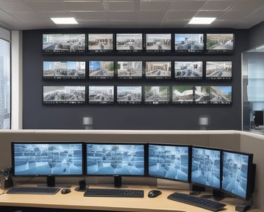 A security and access control system is mounted on a wall with visible wiring and electronic equipment. The ZKTeco brand is prominently displayed on the black access control box. Additional equipment is present, including a network switch with connected cables. There are paint supplies and a pink protective floor covering in the adjacent room.