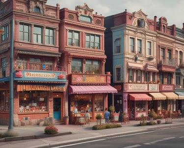 A richly stocked delicatessen displaying an array of cured meats, cheeses, and other gourmet foods. Various types of sausages and hams hang from the ceiling, while wheels of cheese and packaged goods are arranged on the countertop. There are shelves with wine bottles and boxes of pasta, creating a cozy and inviting atmosphere.