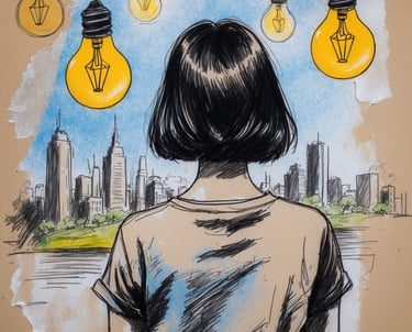 Una ragazza di spalle che guarda una città, con delle lampadine accese vicino la testa