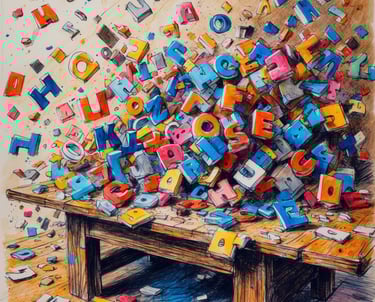Tantissime lettere colorate che cadono a cascata su un tavolo di legno