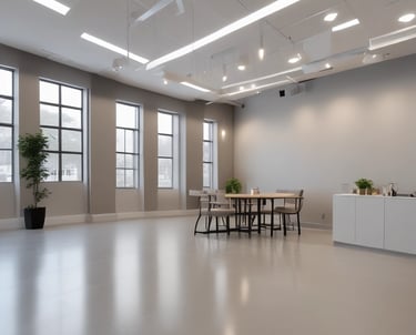 A modern building with a unique architectural design featuring a pattern of geometric brown panels and large windows. Several levels have small balconies. Two workers are suspended by ropes, performing maintenance or cleaning.